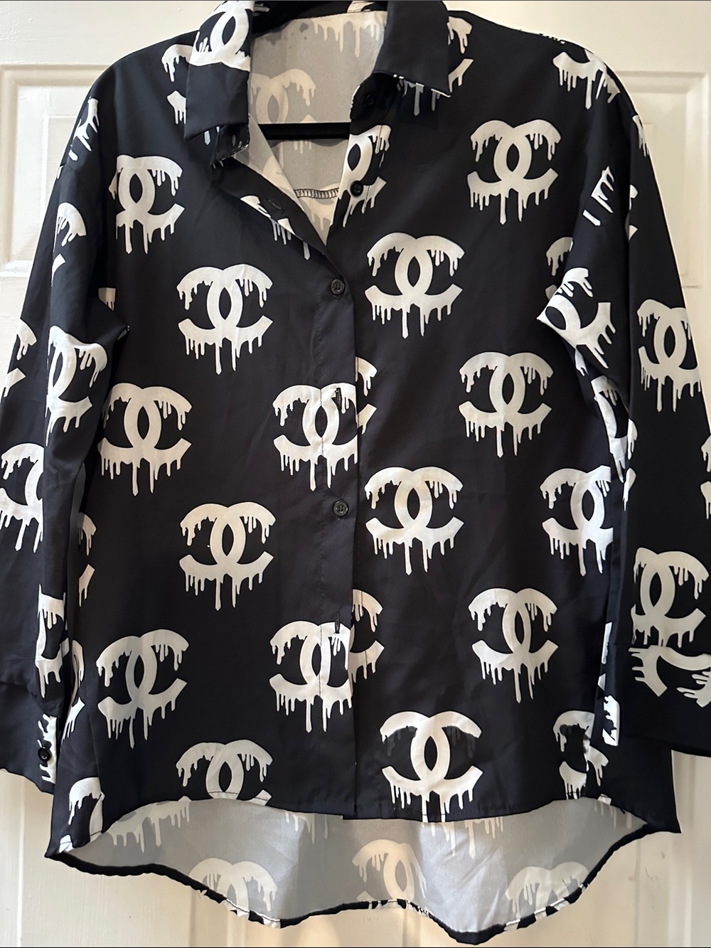 Booooo-tiful Black & White Logo Button-Up Shirt Jacket. Dripping Halloween fun!